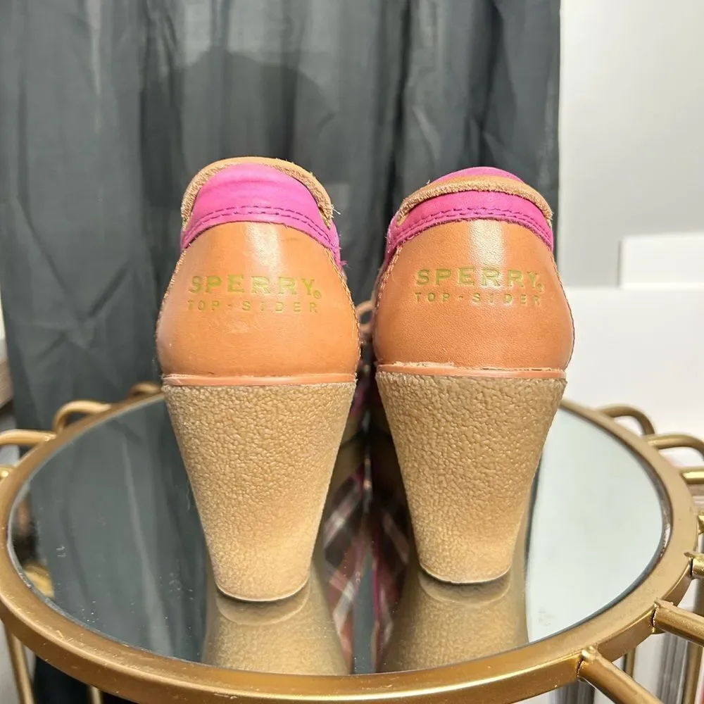 Sperry Pink Plaid Goldfish Leather Wedges
